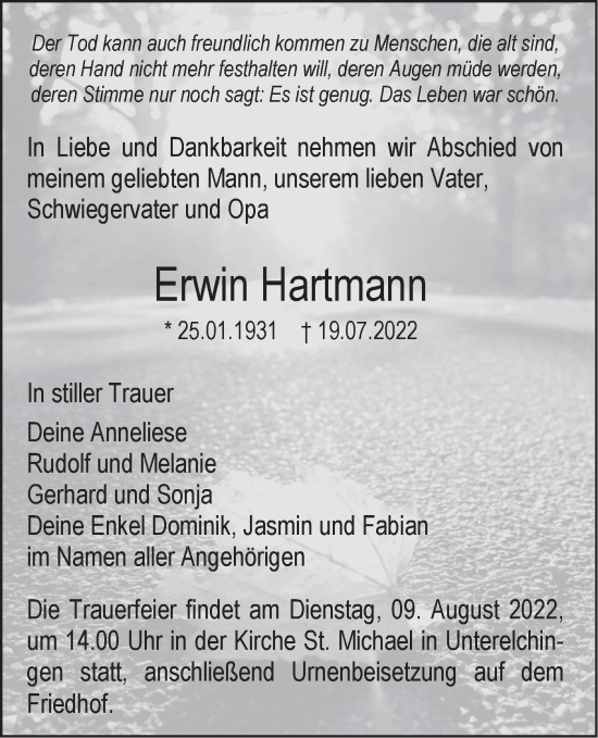 Traueranzeige von Erwin Hartmann von SÜDWEST PRESSE Ausgabe Ulm/Neu-Ulm