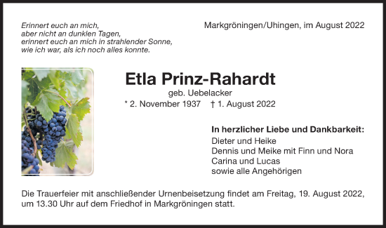 Traueranzeige von Etla Prinz-Rahardt von NWZ Neue Württembergische Zeitung