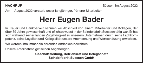 Traueranzeige von Eugen Bader von NWZ Neue Württembergische Zeitung