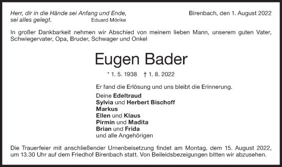 Traueranzeige von Eugen Bader von NWZ Neue Württembergische Zeitung