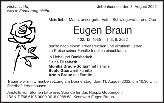 Traueranzeige von Eugen Braun von NWZ Neue Württembergische Zeitung