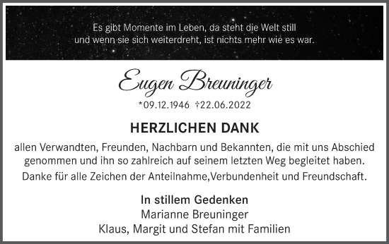 Traueranzeige von Eugen Breuninger von Haller Tagblatt