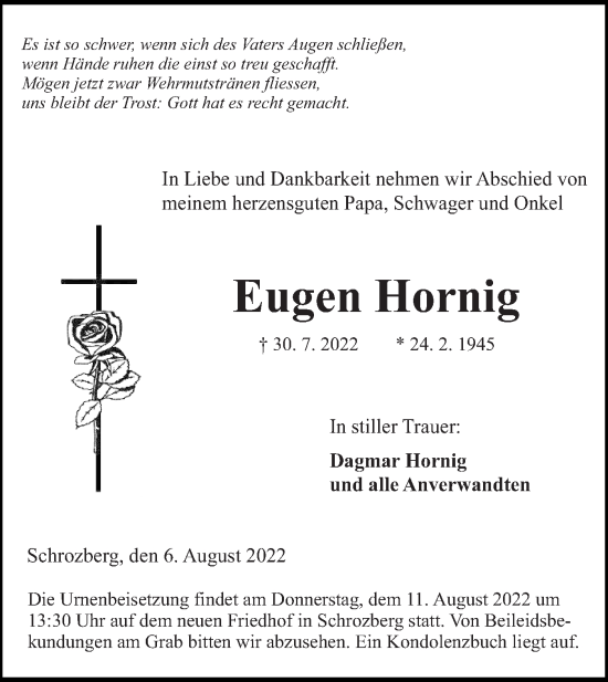 Traueranzeige von Eugen Hornig von Hohenloher Tagblatt