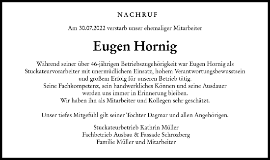 Traueranzeige von Eugen Hornig von Hohenloher Tagblatt