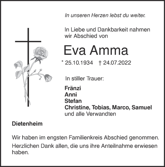 Traueranzeige von Eva Amma von SÜDWEST PRESSE Ausgabe Ulm/Neu-Ulm