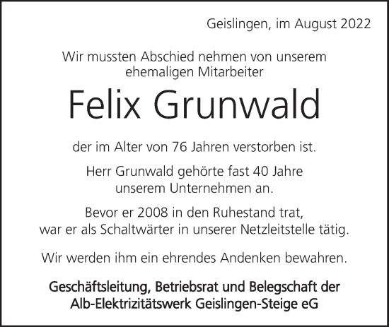 Traueranzeige von Felix Grunwald von Geislinger Zeitung