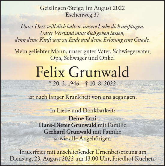 Traueranzeige von Felix Grunwald von Geislinger Zeitung