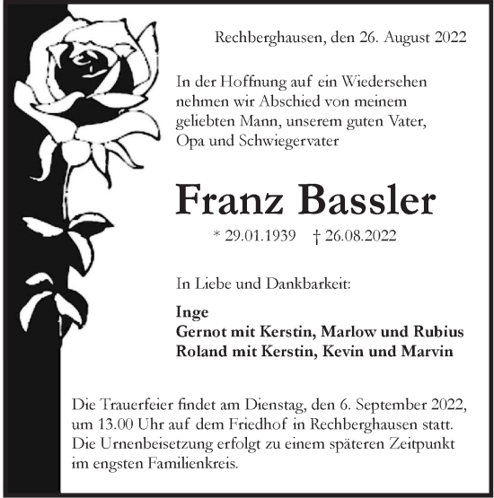 Traueranzeige von Franz Bassler von NWZ Neue Württembergische Zeitung