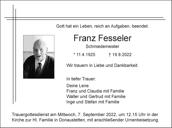 Traueranzeige von Franz Fesseler von SÜDWEST PRESSE Ausgabe Ulm/Neu-Ulm