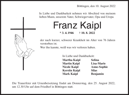 Traueranzeige von Franz Kaipl von Alb-Bote/Metzinger-Uracher Volksblatt