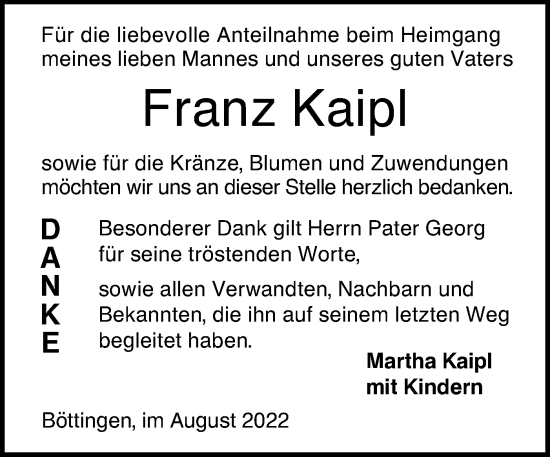 Traueranzeige von Franz Kaipl von Alb-Bote/Metzinger-Uracher Volksblatt