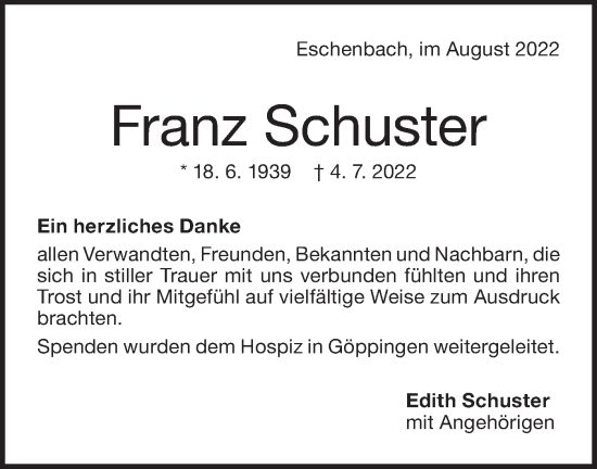 Traueranzeige von Franz Schuster von NWZ Neue Württembergische Zeitung