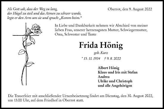 Traueranzeige von Frida Hönig von Rundschau Gaildorf