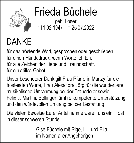 Traueranzeige von Frieda Büchele von SÜDWEST PRESSE Ausgabe Ulm/Neu-Ulm