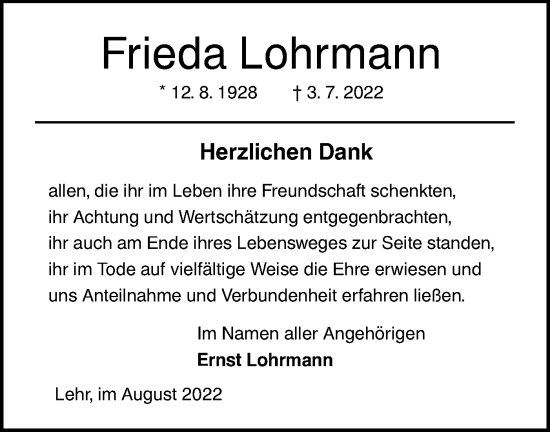 Traueranzeige von Frieda Lohrmann von SÜDWEST PRESSE Ausgabe Ulm/Neu-Ulm