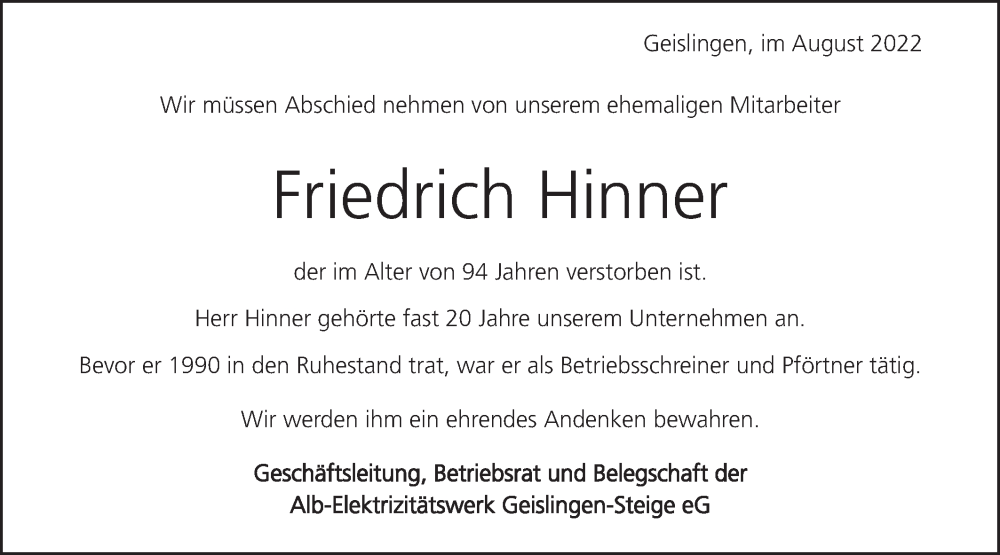  Traueranzeige für Friedrich Hinner vom 31.08.2022 aus Geislinger Zeitung