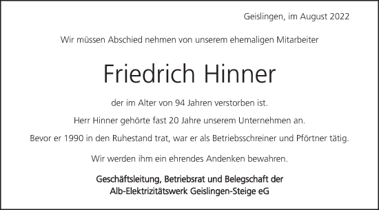 Traueranzeige von Friedrich Hinner von Geislinger Zeitung