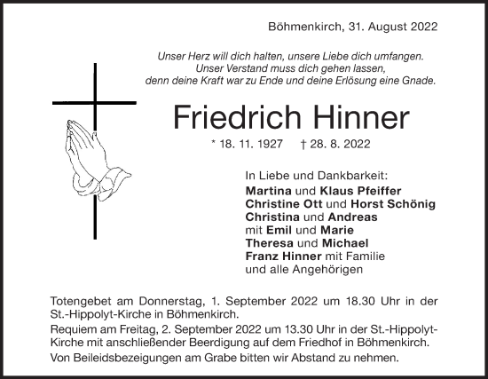 Traueranzeige von Friedrich Hinner von Geislinger Zeitung