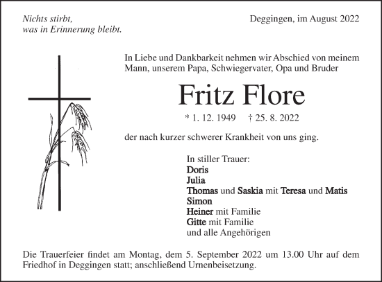 Traueranzeige von Fritz Flore von Geislinger Zeitung