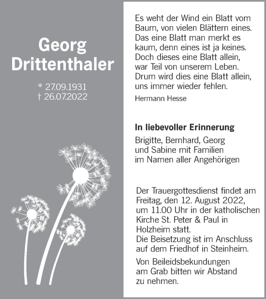 Traueranzeige von Georg Drittenthaler von SÜDWEST PRESSE Ausgabe Ulm/Neu-Ulm