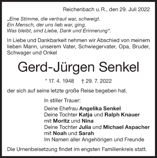 Traueranzeige von Gerd-Jürgen Senkel von NWZ Neue Württembergische Zeitung