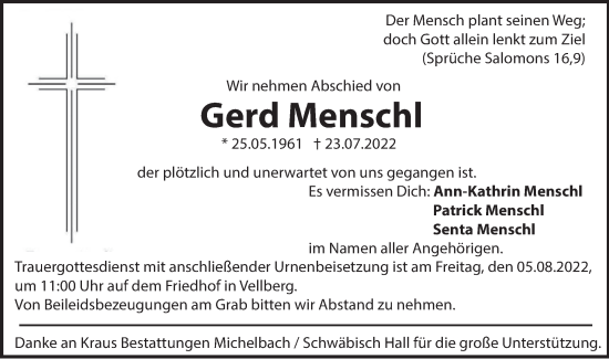 Traueranzeige von Gerd Menschl von Haller Tagblatt