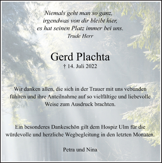 Traueranzeige von Gerd Plachta von SÜDWEST PRESSE Ausgabe Ulm/Neu-Ulm