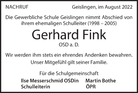 Traueranzeige von Gerhard Fink von Geislinger Zeitung