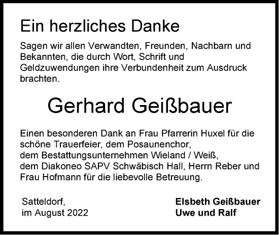 Traueranzeige von Gerhard Geißbauer von Hohenloher Tagblatt