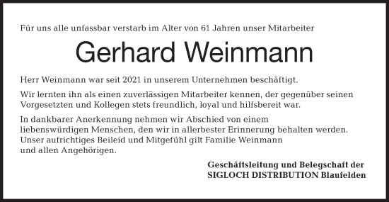 Traueranzeige von Gerhard Weinmann von Hohenloher Tagblatt
