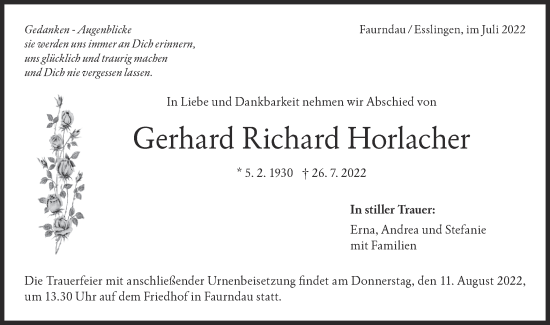 Traueranzeige von Gerhard Richard Horlacher von NWZ Neue Württembergische Zeitung