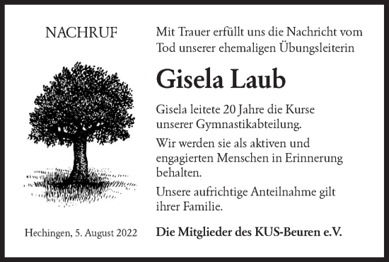 Traueranzeige von Gisela Laub von Metzinger-Uracher Volksblatt