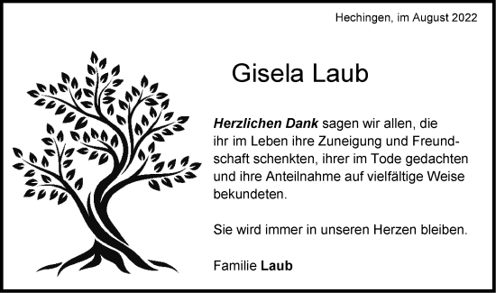 Traueranzeige von Gisela Laub von Metzinger-Uracher Volksblatt