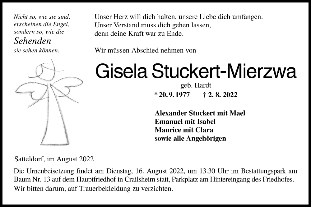  Traueranzeige für Gisela Stuckert-Mierzwa vom 12.08.2022 aus Hohenloher Tagblatt