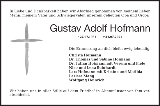 Traueranzeige von Gustav Adolf Hofmann von Hohenloher Tagblatt