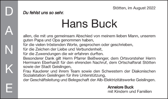 Traueranzeige von Hans Buck von Geislinger Zeitung