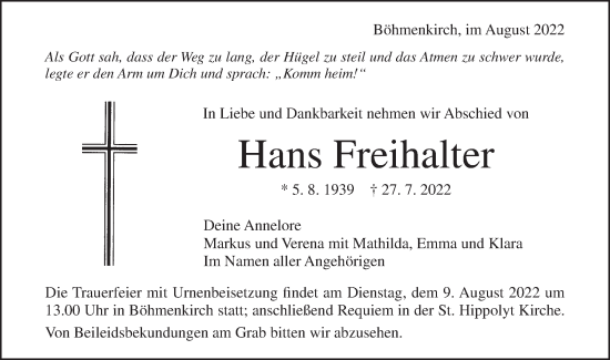 Traueranzeige von Hans Freihalter von Geislinger Zeitung