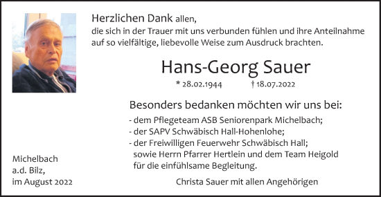 Traueranzeige von Hans-Georg Sauer von Haller Tagblatt