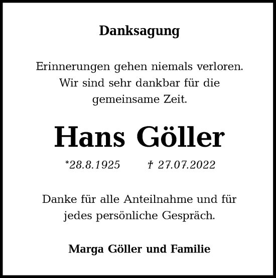Traueranzeige von Hans Göller von Haller Tagblatt