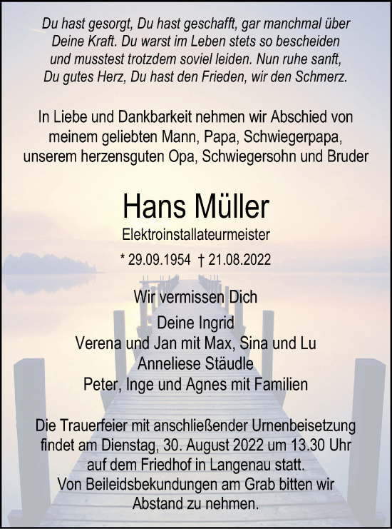 Traueranzeige von Hans Müller von SÜDWEST PRESSE Ausgabe Ulm/Neu-Ulm