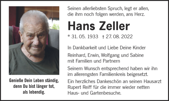 Traueranzeige von Hans Zeller von Alb-Bote/Metzinger-Uracher Volksblatt