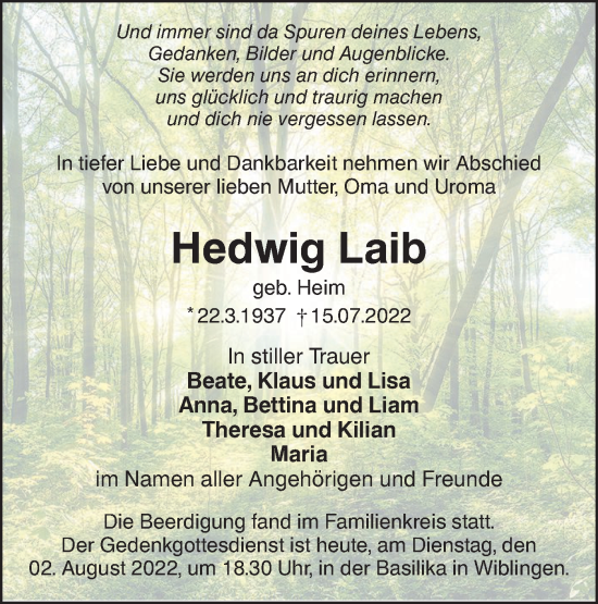 Traueranzeige von Hedwig Laib von SÜDWEST PRESSE Ausgabe Ulm/Neu-Ulm