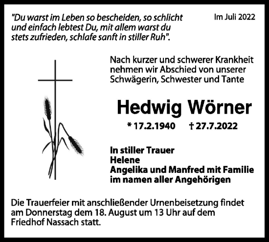 Traueranzeige von Hedwig Wörner von NWZ Neue Württembergische Zeitung