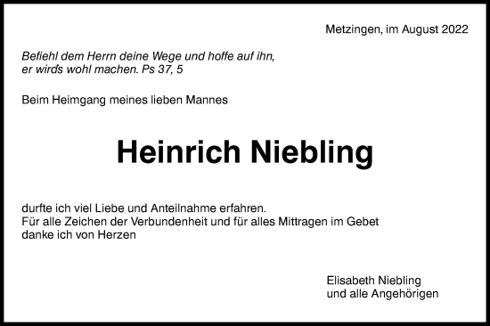 Traueranzeige von Heinrich Niebling von Metzinger-Uracher Volksblatt