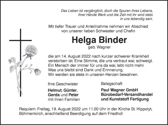 Traueranzeige von Helga Binder von SÜDWEST PRESSE Ausgabe Ulm/Neu-Ulm