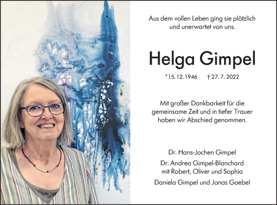 Traueranzeige von Helga Gimpel von Hohenloher Tagblatt