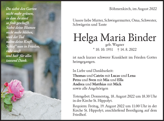 Traueranzeige von Helga Maria Binder von Geislinger Zeitung