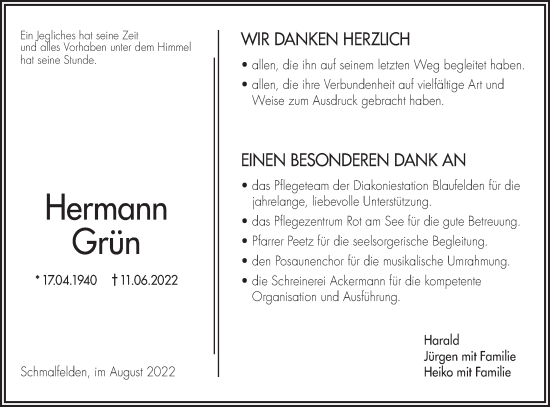 Traueranzeige von Hermann Grün von Hohenloher Tagblatt