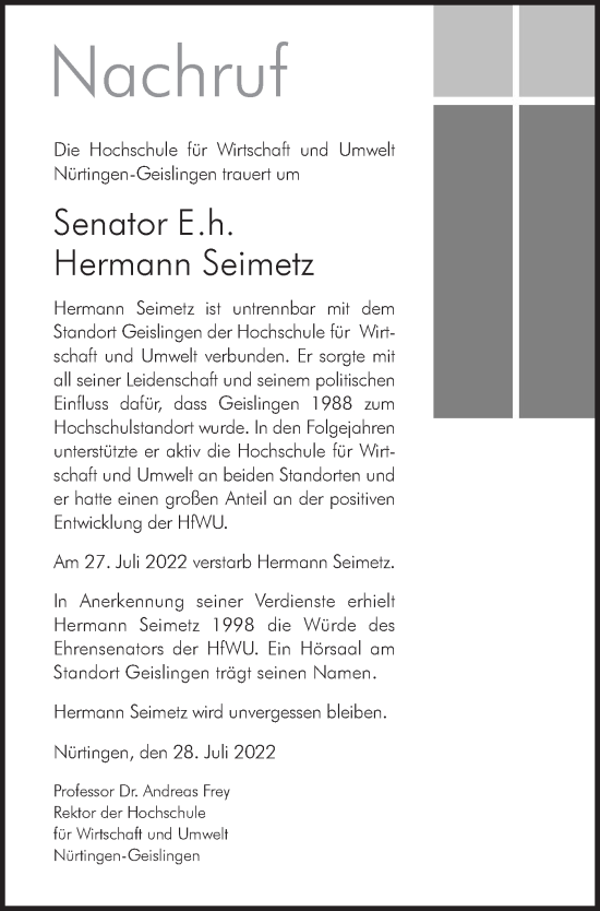 Traueranzeige von Hermann Seimetz von Geislinger Zeitung