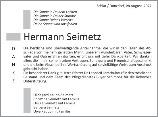 Traueranzeige von Hermann Seimetz von NWZ Neue Württembergische Zeitung/Geislinger Zeitung